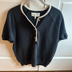THE GREAT. Black Short-Sleeve Sweatshirt with Cream Trim